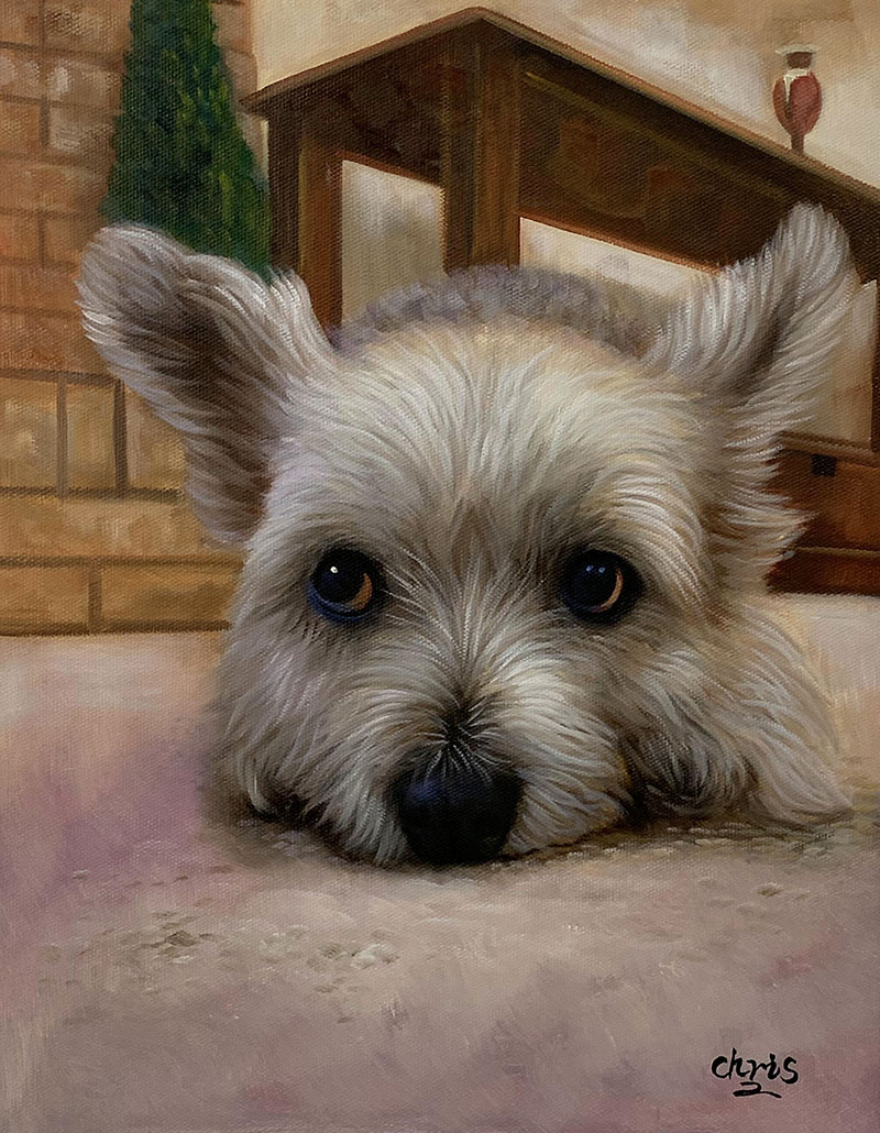 Painting of a fluffy white dog resting its head on a surface