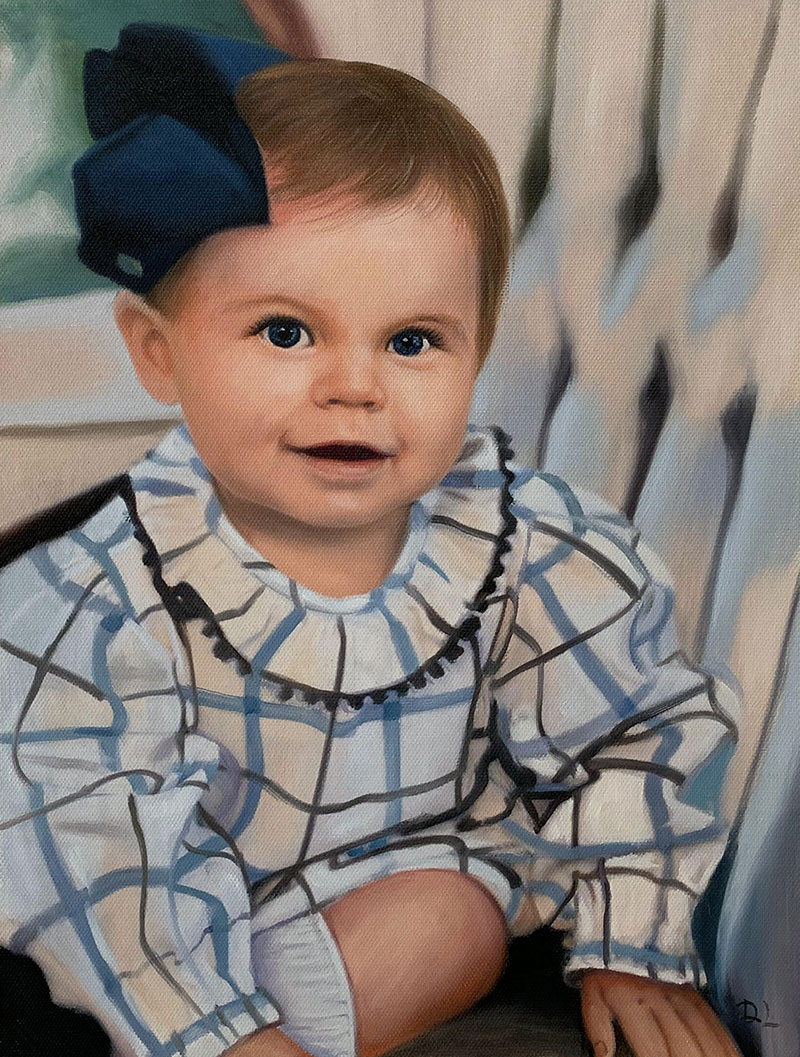 Oil painting of a smiling baby girl wearing a blue and beige checkered dress and a dark blue bow.