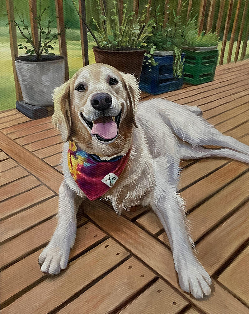 Painting of a happy golden retriever wearing a bandana, lying on a wooden deck.