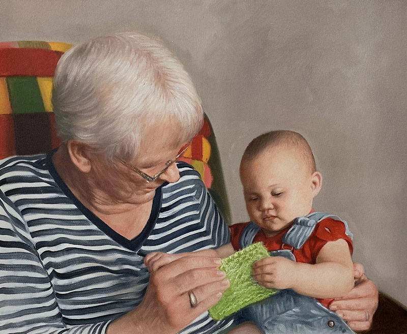 Custom oil painting of a grandmother and a grand kid