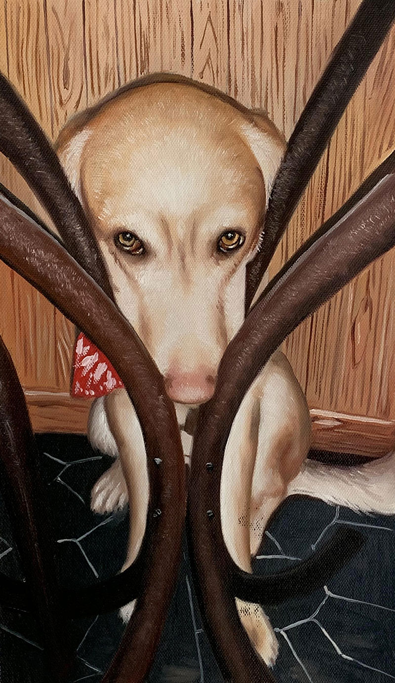 Painting of a light tan dog wearing a red bandana trapped between chair legs.