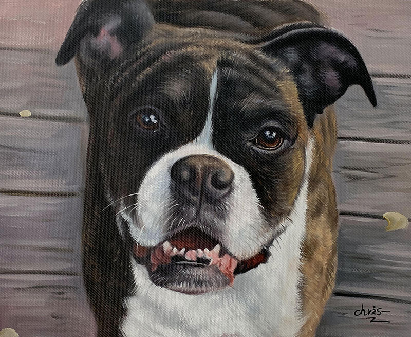 Painting of a brindle Boxer dog on a wooden deck