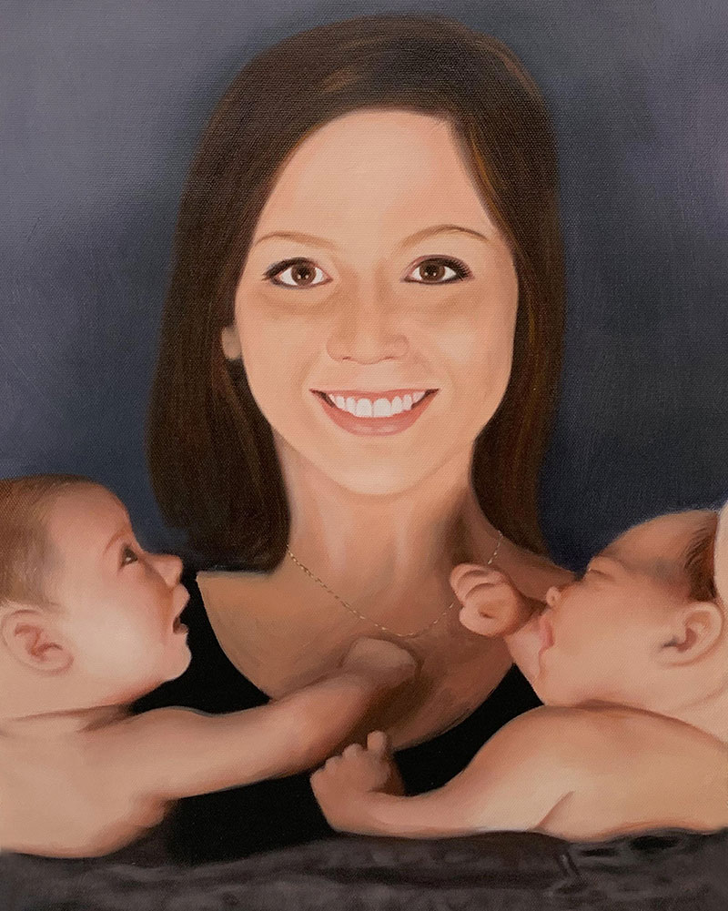 Oil painting of a mother holding twin babies.