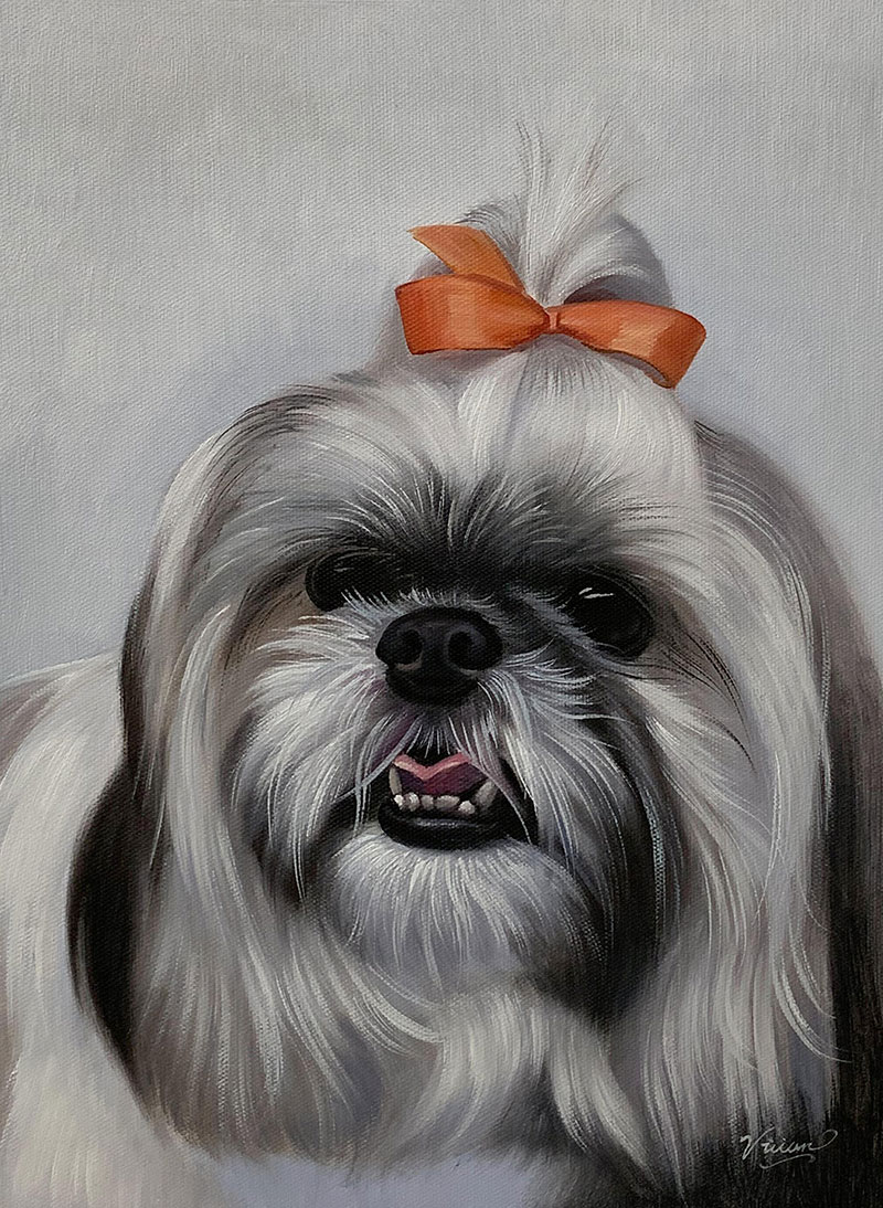 Painting of a Shih Tzu with an orange bow in its hair.