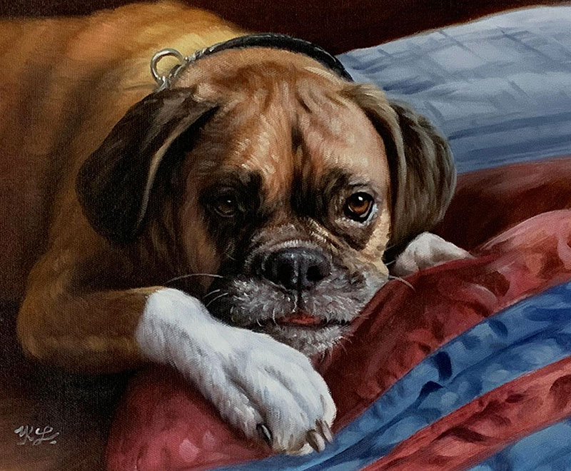 Painting of a fawn Boxer dog resting its head on a striped pillow.