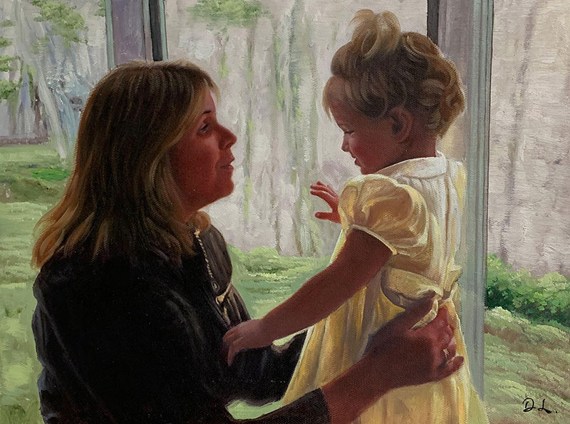 Painting of a mother and young daughter by a window.