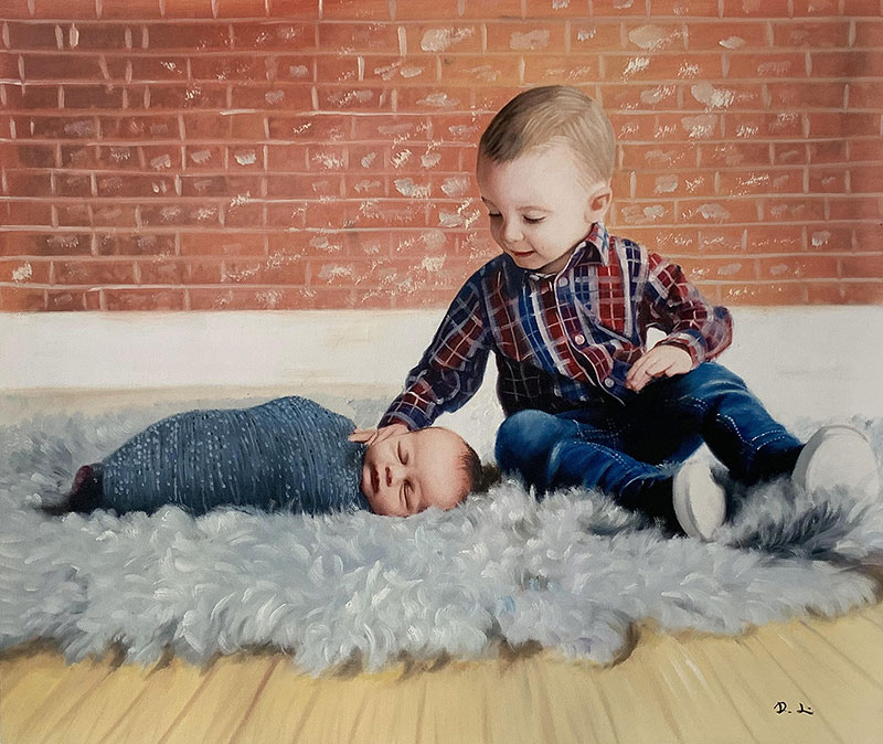 Painting of toddler looking down at newborn baby lying on a fluffy rug in front of a brick wall