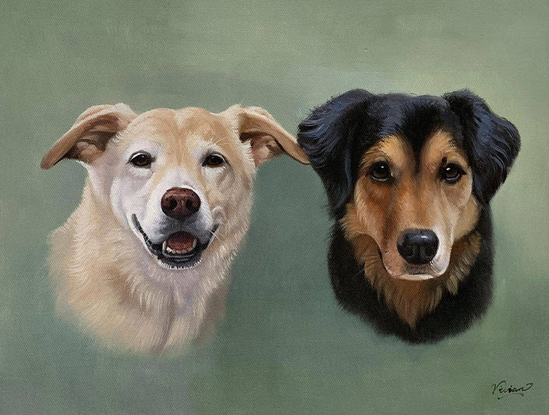 Painting of two dogs, a light tan dog and a black and tan dog.