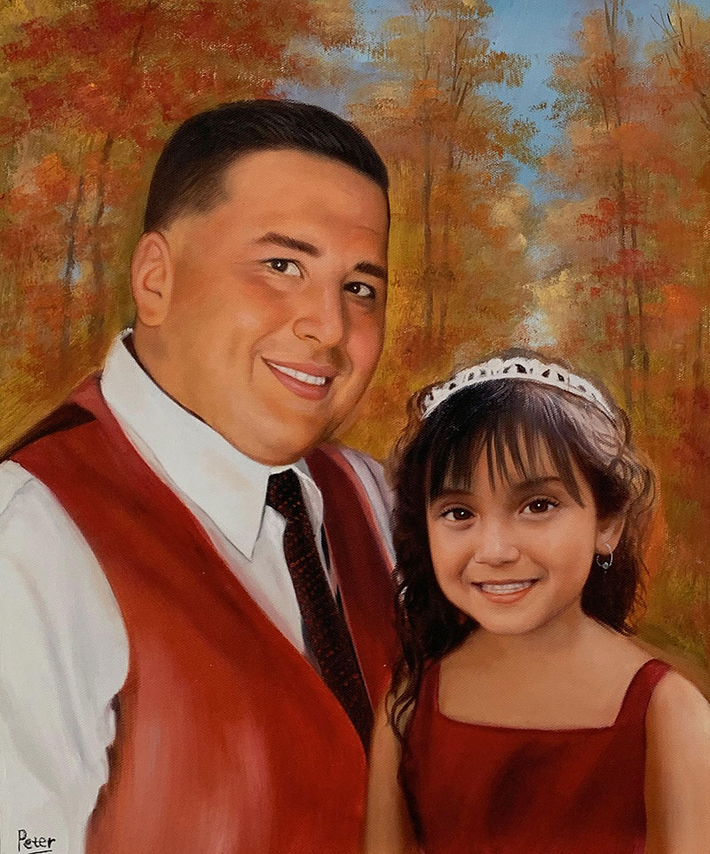 Portrait painting of a man and young girl in autumnal setting.