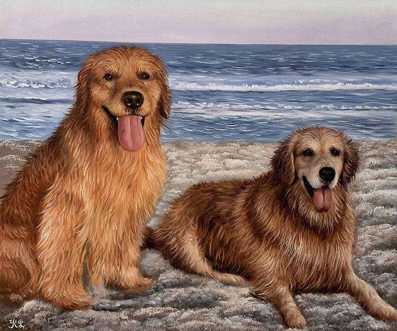 Painting of two Golden Retrievers on a beach.