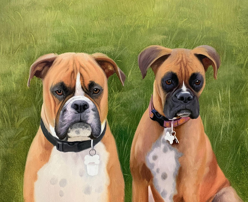 Painting of two fawn Boxer dogs sitting in grass.