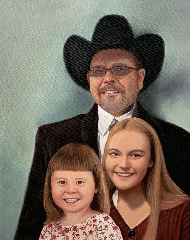 Beautiful oil painting of a father with two daughters
