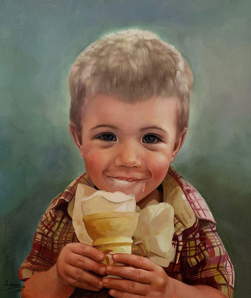 Beautiful oil painting of a boy eating an ice cream