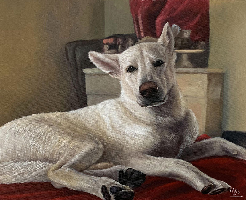 Painting of a white dog lying on a red surface