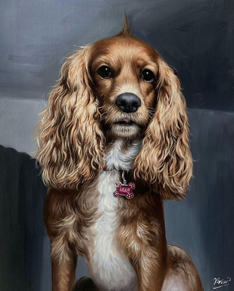 Painting of a cocker spaniel with long brown fur and a name tag that says Bibby