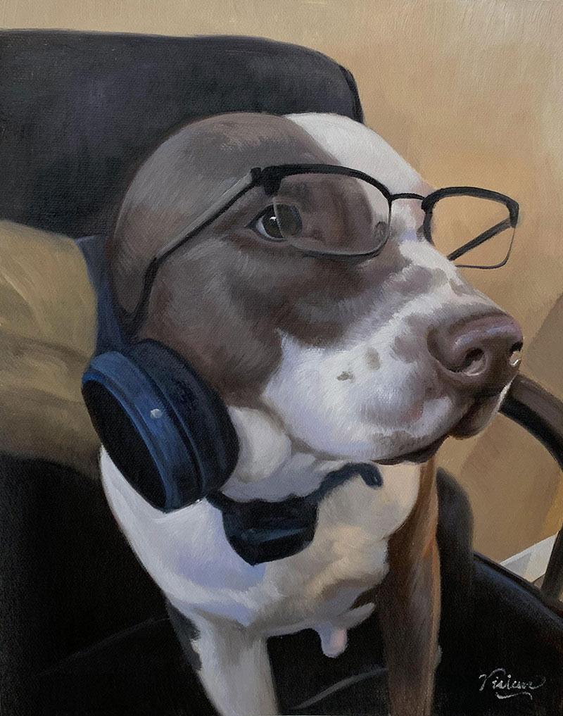 Painting of a dog wearing glasses and headphones.