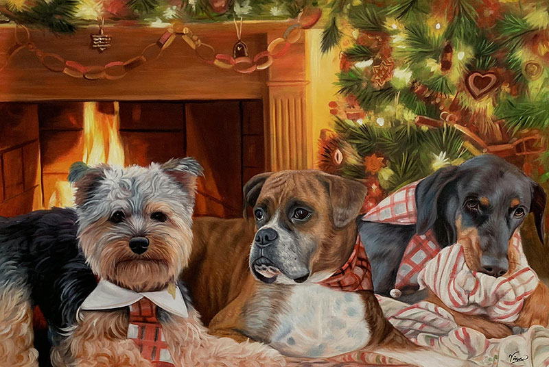 Painting of three dogs in front of a fireplace and Christmas tree.