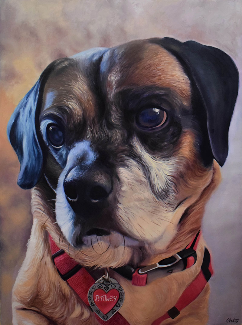 Painting of a dog named Brilley wearing a red collar and heart-shaped tag.