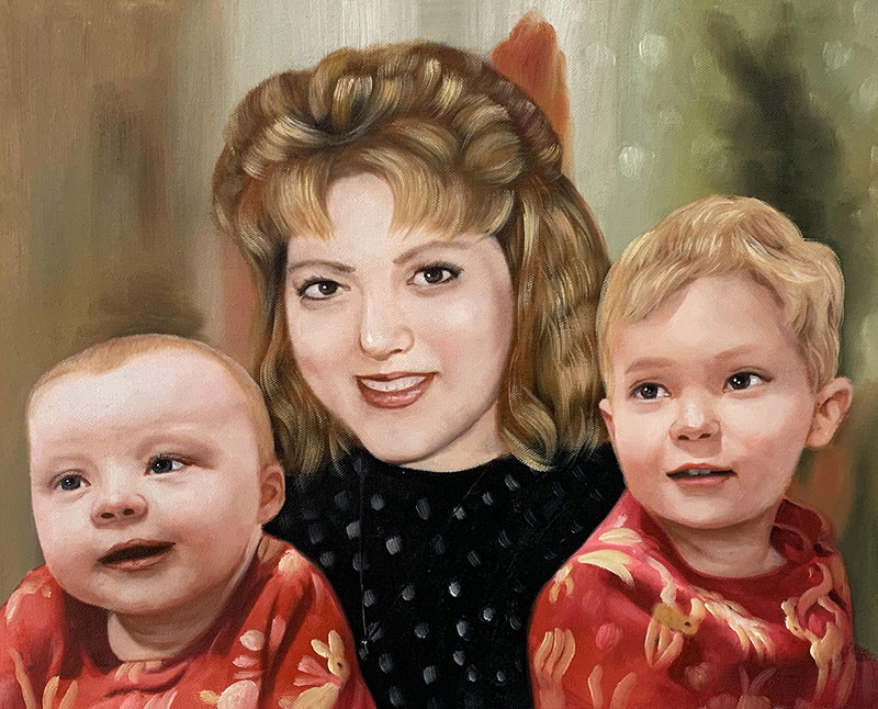 Beautiful oil painting of a mother with two children