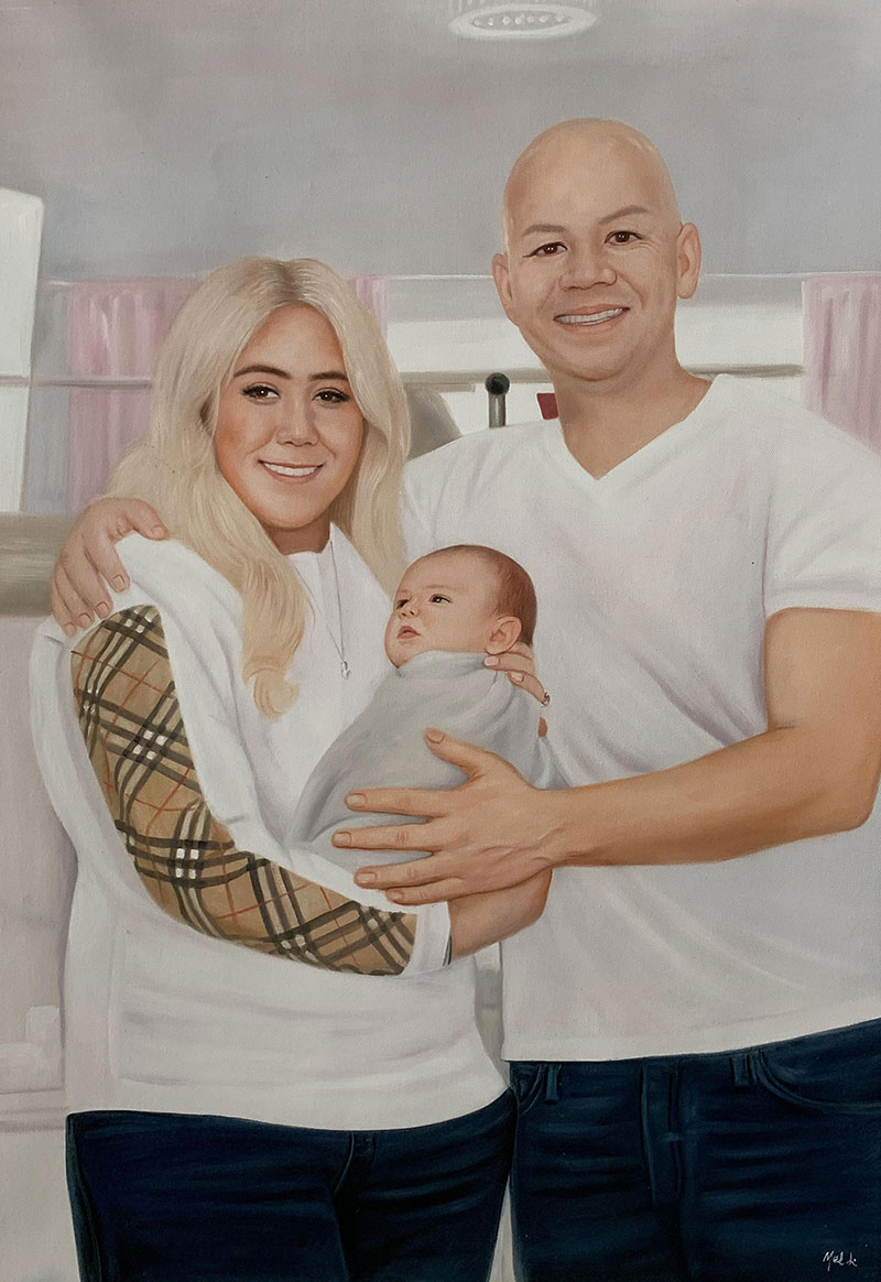 Painting of a family portrait: a woman with blonde hair, a bald man, and a baby.