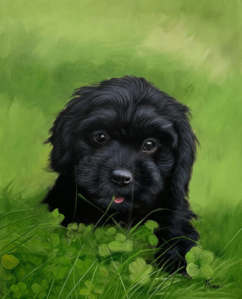 Painting of a black puppy in green grass.
