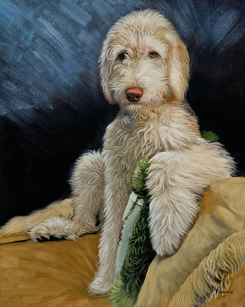 Painting of a fluffy, light-colored Goldendoodle sitting on a gold-colored cushion.