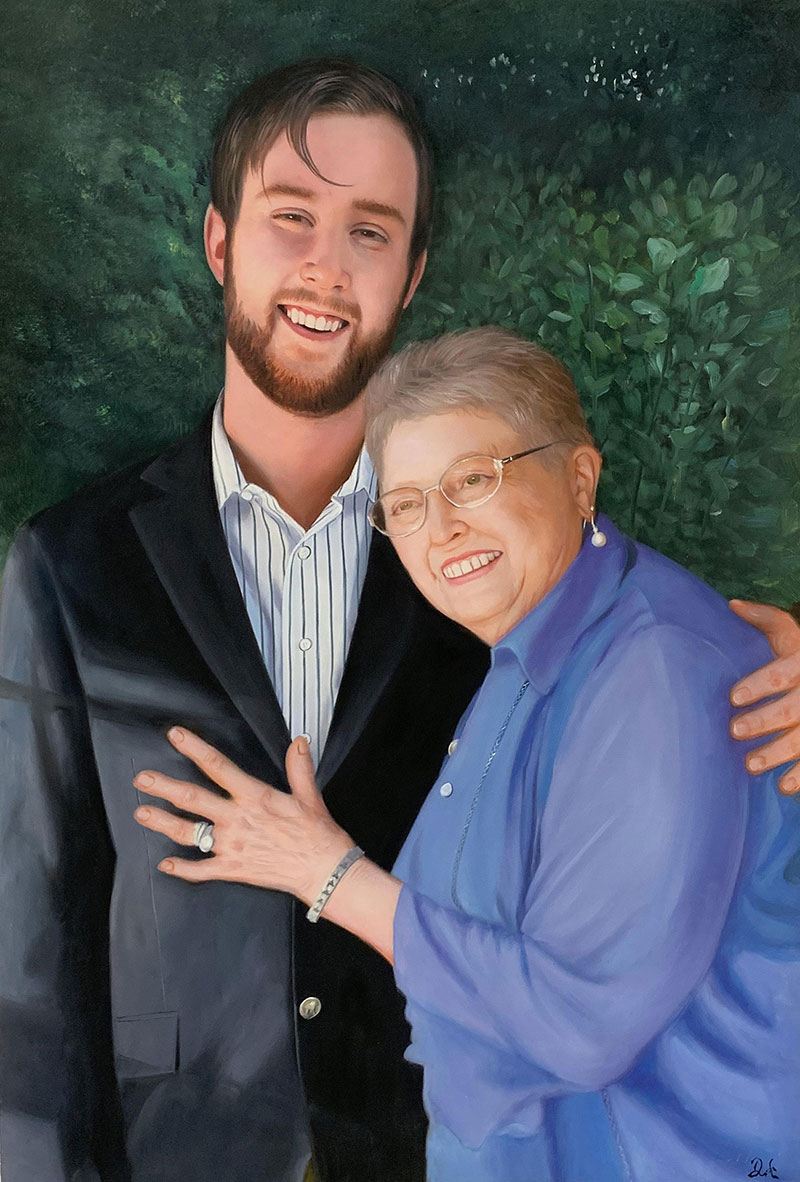 Oil painting portrait of a smiling young man and older woman embracing.