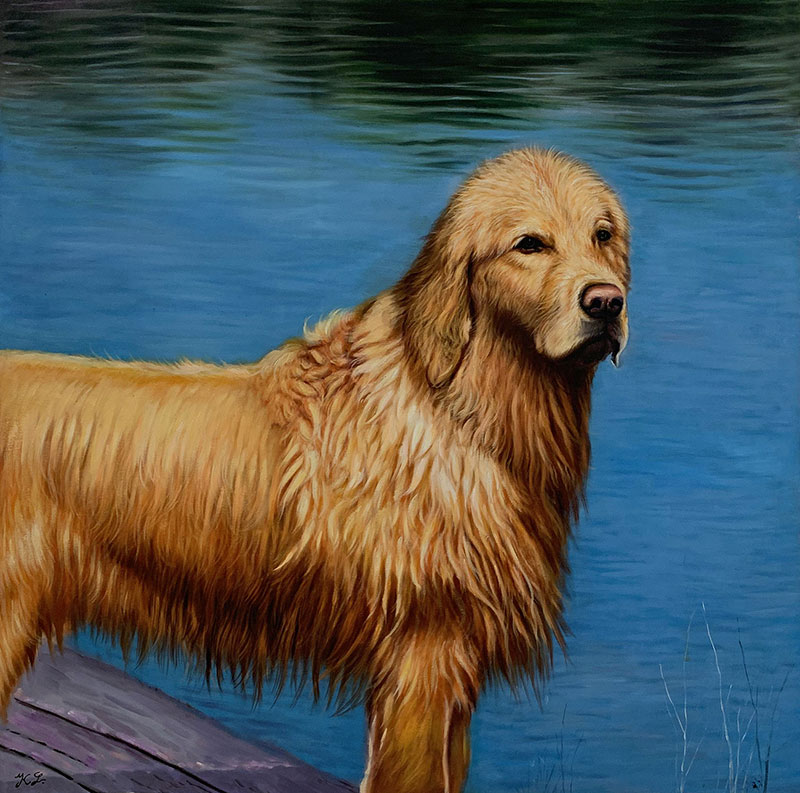 Painting of a Golden Retriever by water.