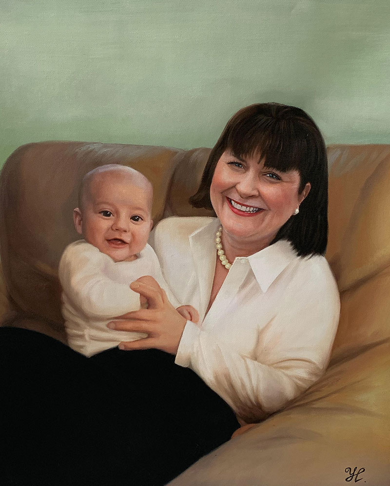 Oil painting of a smiling woman holding a baby on her lap.