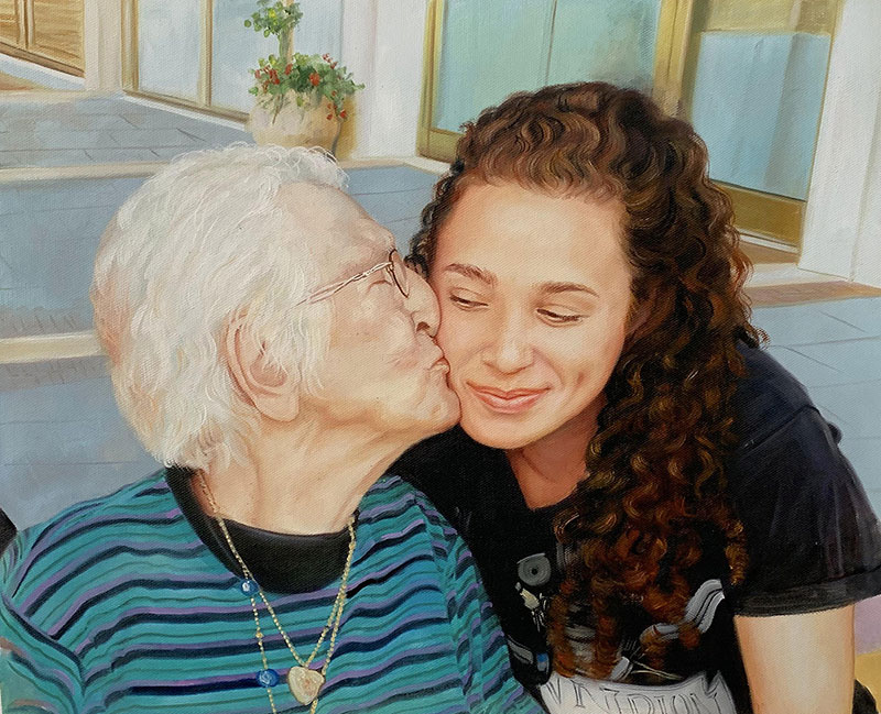 Painting of a young woman kissing an elderly woman on the cheek.
