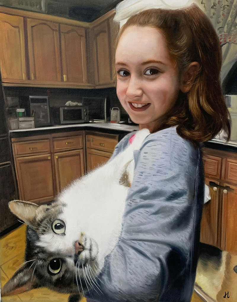 Custom oil painting of a girl with a cat