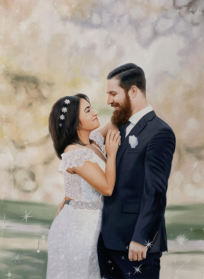 Custom handmade oil painting of a just married couple