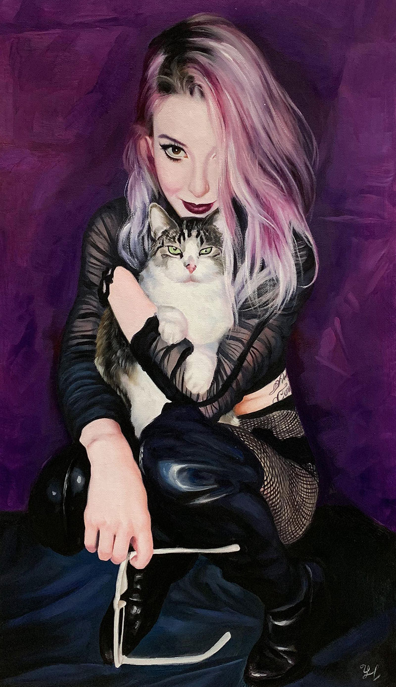 Custom oil painting of an adult with cat