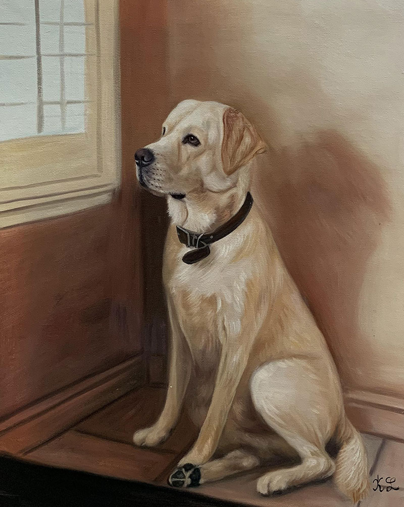 Painting of a yellow Labrador Retriever sitting and looking out a window.