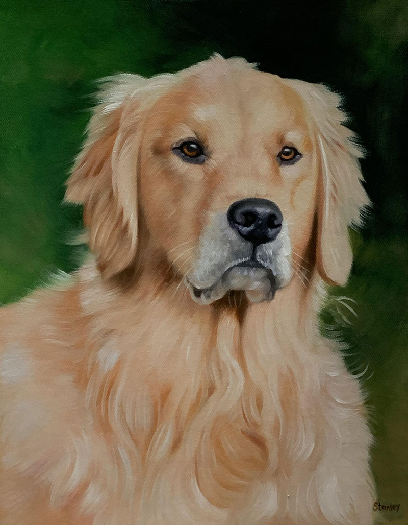 Oil painting of a golden retriever.