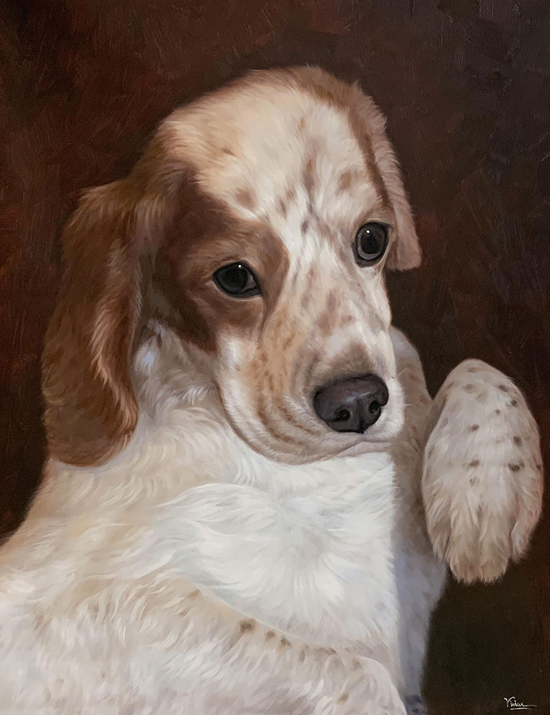 Painting of a white and tan dog with dark eyes