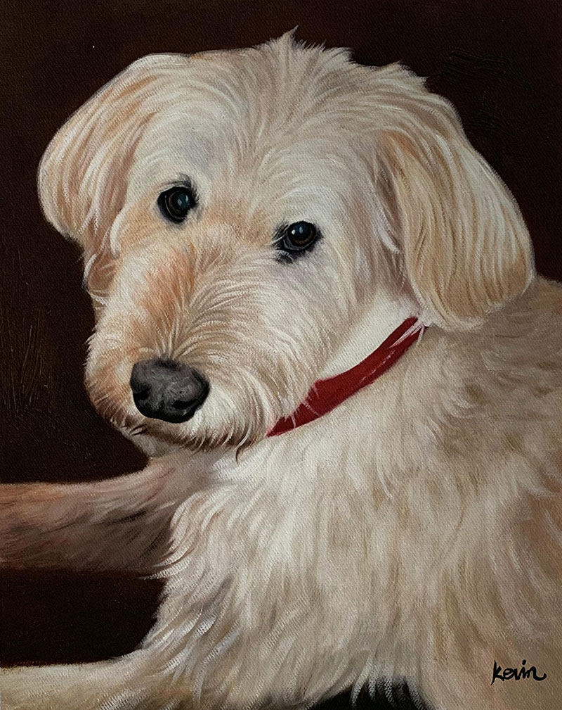 Painting of a fluffy, light-colored dog wearing a red collar.