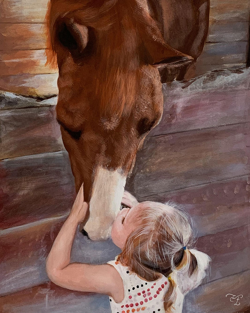 picture to hand made pastel painting horse and little girl