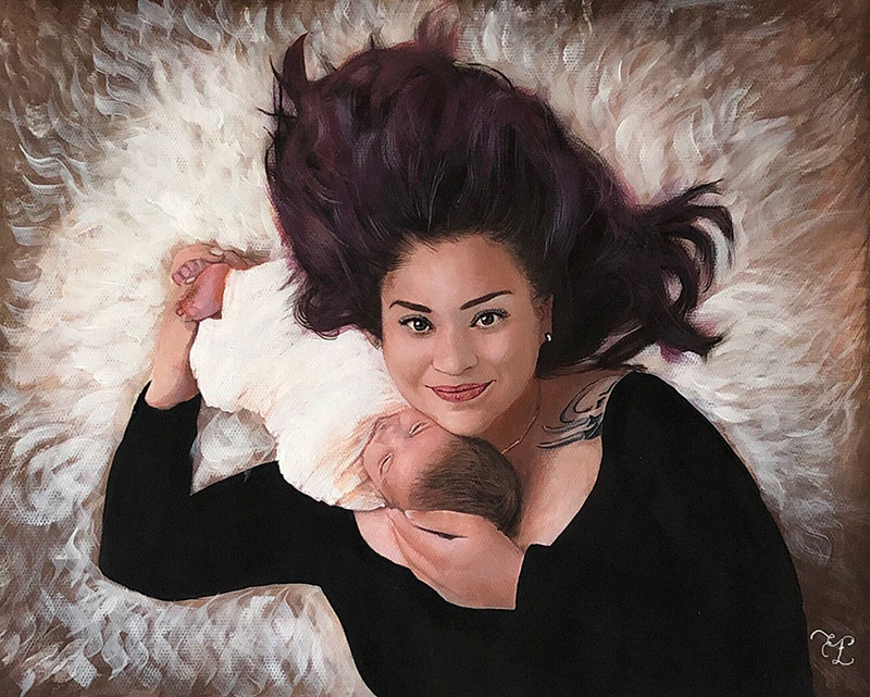 custom pastel painting of woman and newborn laying