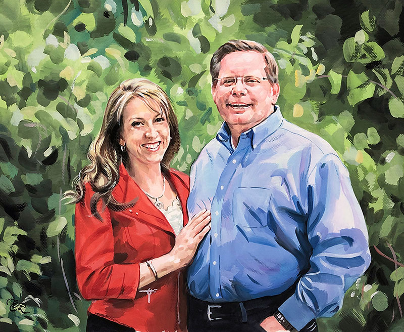 picture to pastel painting of a happy couple outdoors