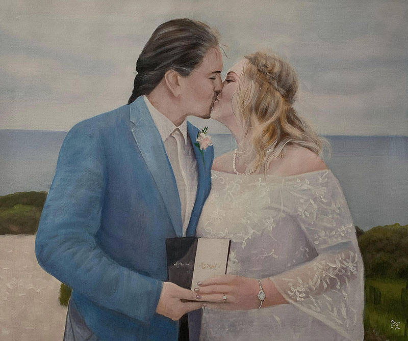Beautiful pastel painting of a bride and a groom