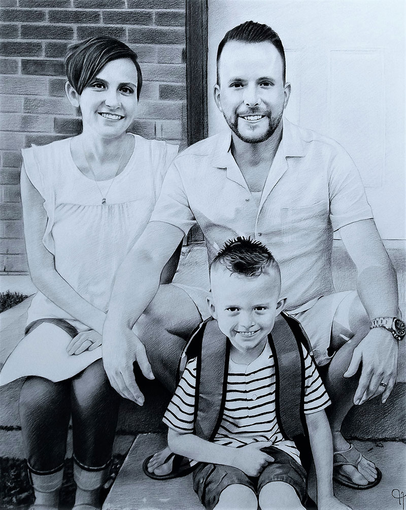 happy family charcoal portrait