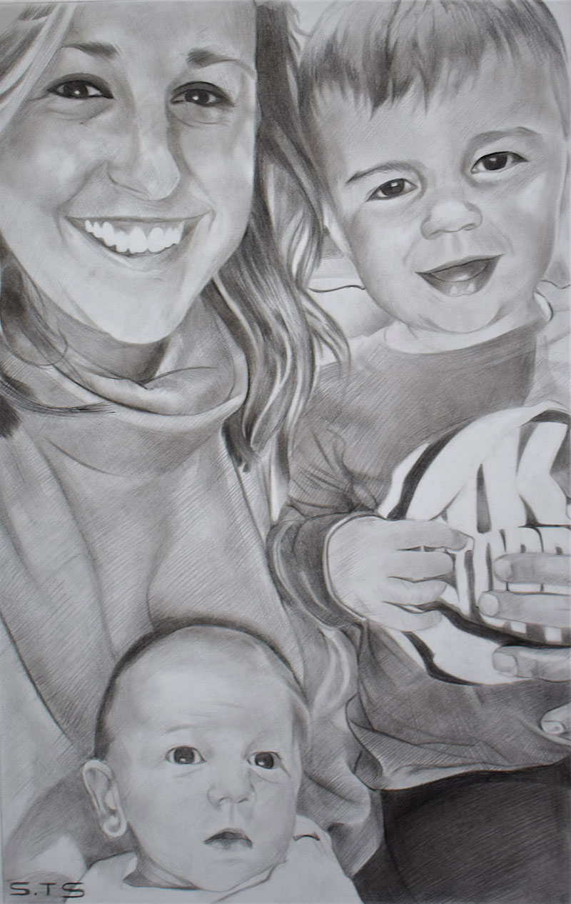 charcoal drawing from picture of mother and children