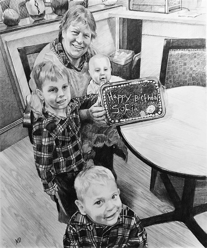 Beautiful charcoal drawing of a family