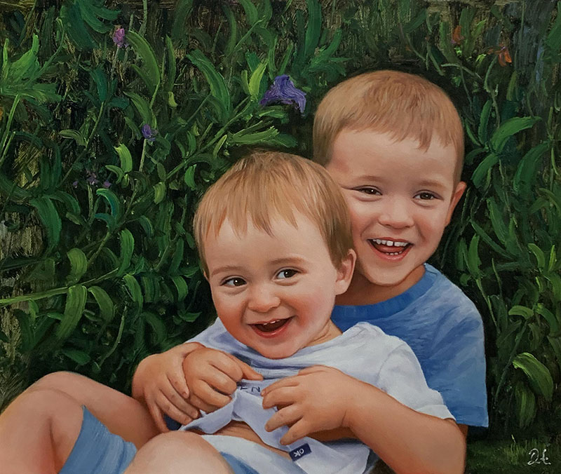 Painting of two laughing toddlers amidst green foliage.