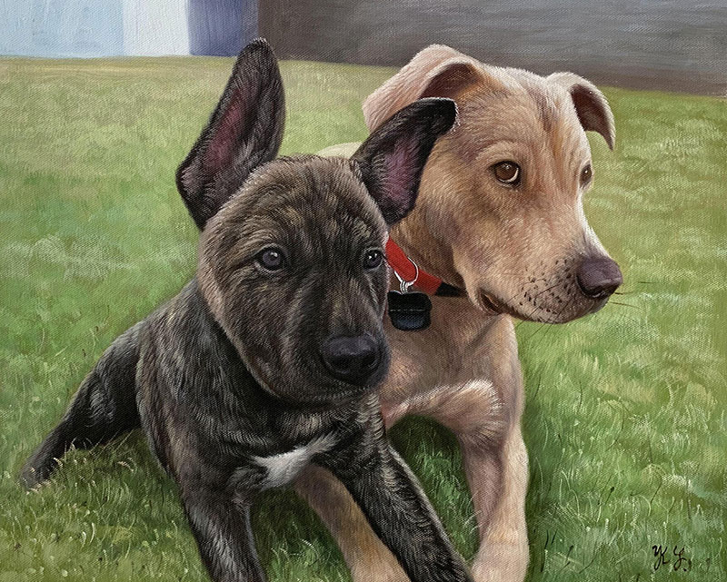 Painting of two puppies sitting in grass.
