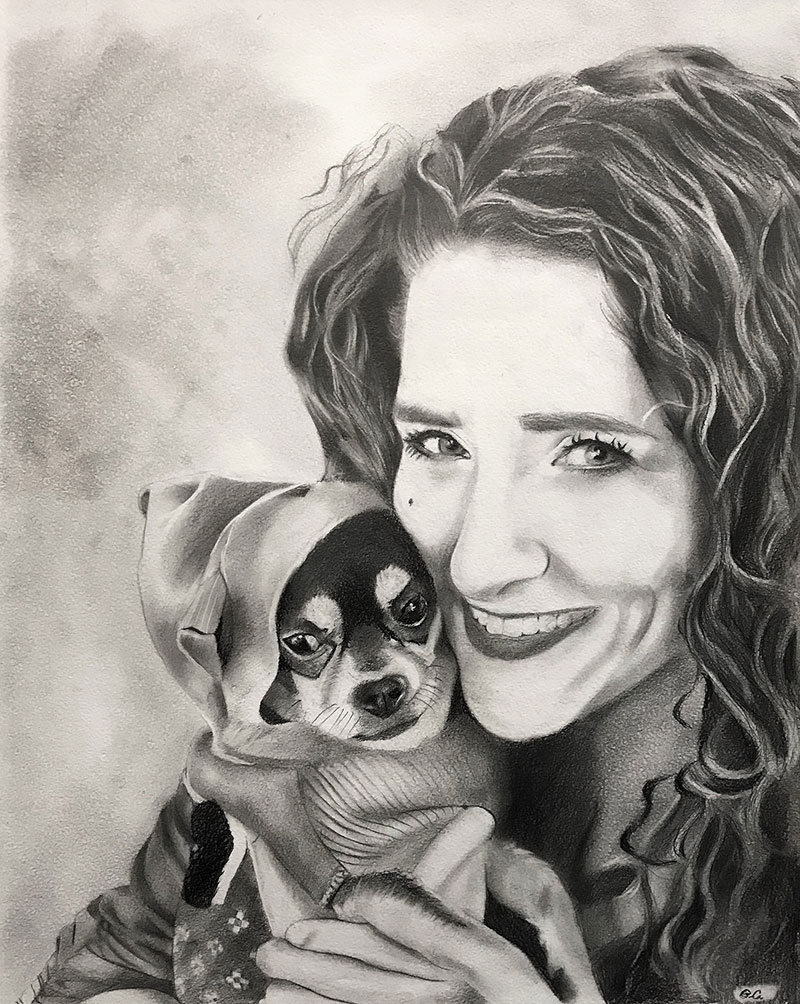 Custom black pencil drawing of a lady with dog