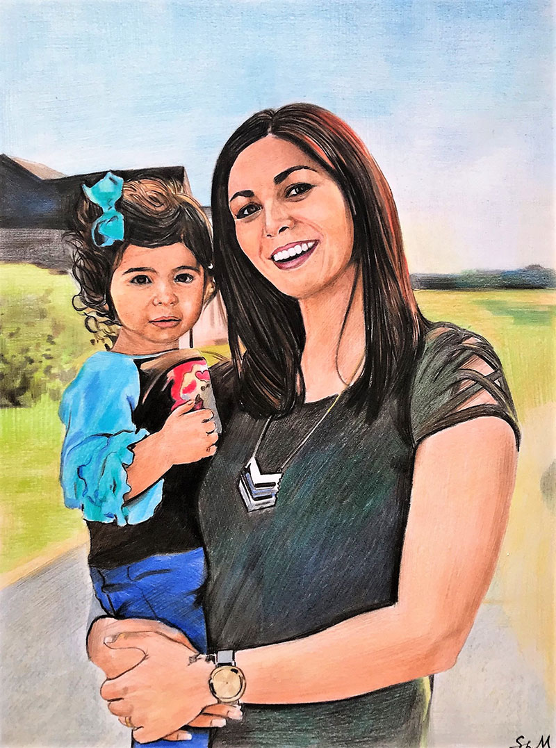 Custom color pencil drawing of a mother and child