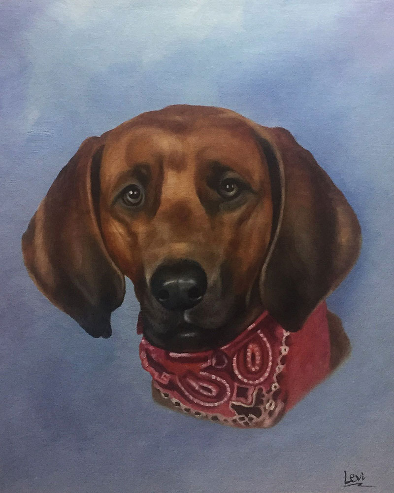 Painting of a brown dog wearing a red bandana