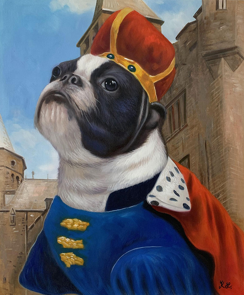 Painting of a French Bulldog wearing a king`s crown and robe, against a castle backdrop.